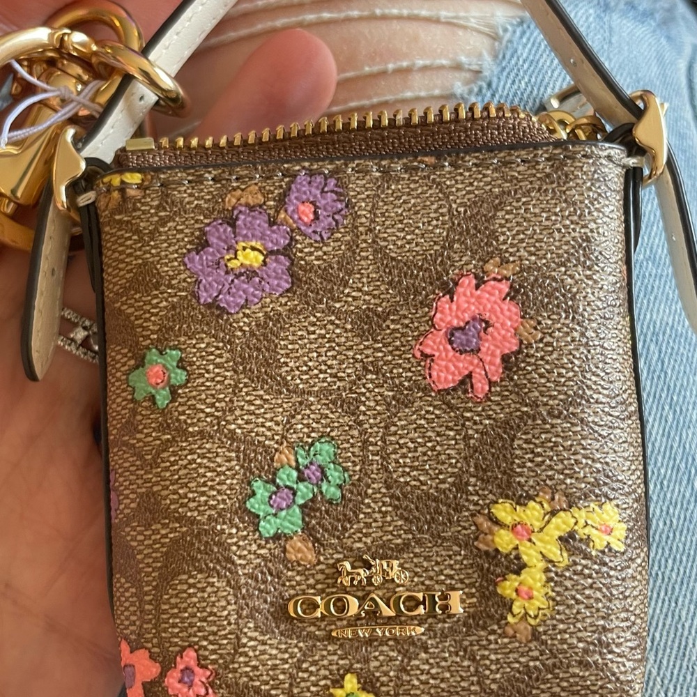 Coach Brown and Purple Mini Bag with Floral Embellishments
